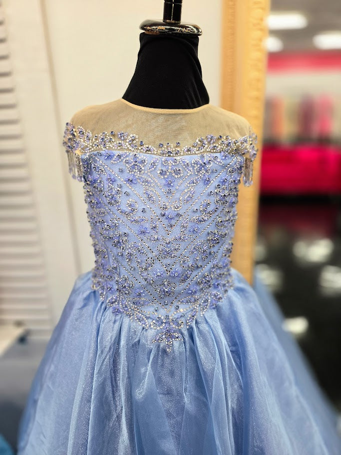 Get ready to dazzle in this Sugar Kayne C357 girls organza ballgown! With an off the shoulder design, long wire hem skirt, and crystal bodice, this dress is fit for a princess. The perfect combination of beauty and elegance, this gown will make you stand out at any special occasion. This Sugar Kayne C357