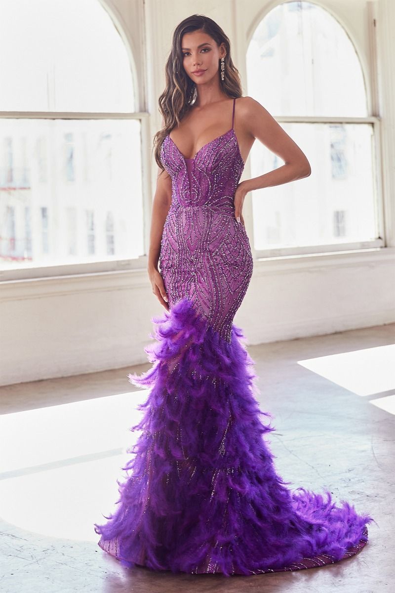 Asymmetrical purple dress with layered feathers