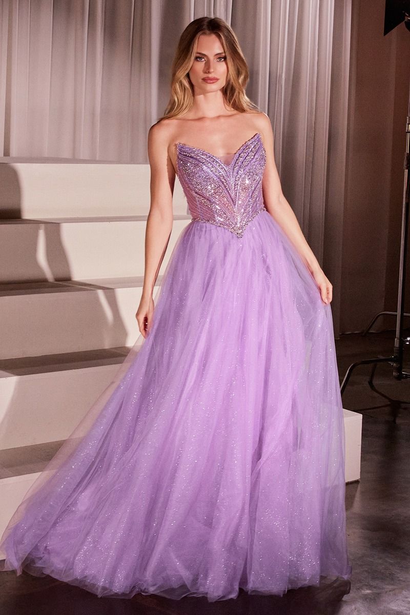 Elevate your prom look with the Ladivine CC415 V Neck Corset Prom Dress. This stunning gown features a beaded bodice and shimmering A Line skirt for a touch of glamour. The sheer neckline and corset back add a hint of sexy to this classic ballgown. Perfect for a formal occasion. Step into the spotlight in this enchanting A-line dress, featuring a pointed strapless neckline and exquisite beaded details that catch the light beautifully. The fitted bodice with a princess waistline accentuates your figure, whil