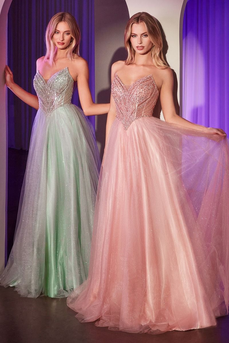 Ladivine CC415 Sheer Beaded V Neck Corset Prom Dress A Line Shimmer Ballgown Formal Gown 4 Blush Glass Slipper Formals