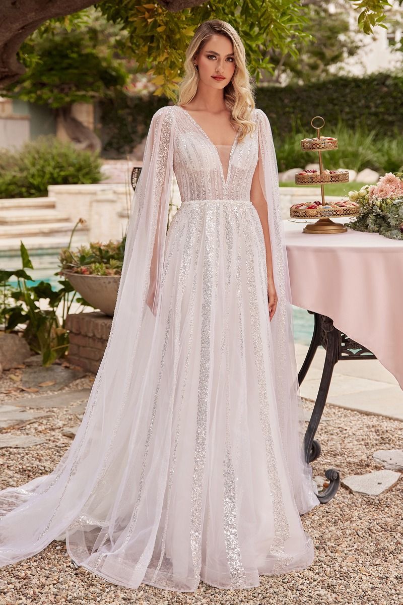 Andrea and Leo Couture CD852W Cape Sleeves Wedding Dress Long A Line Sparkle