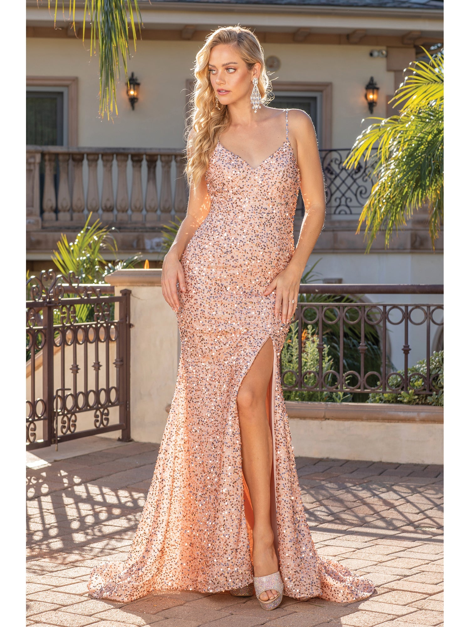 Dancing Queen 4254 Gold Prom Dress Size 6 Long Fitted Velvet Sequin Slit Glass Slipper Formals