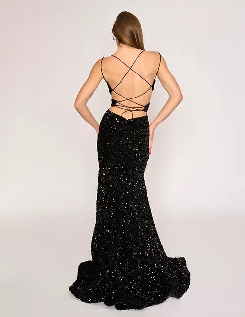 Nina Canacci 1579 Black size 4 Long Sequin Mermaid Prom Dress Cut Out Corset V Neckline