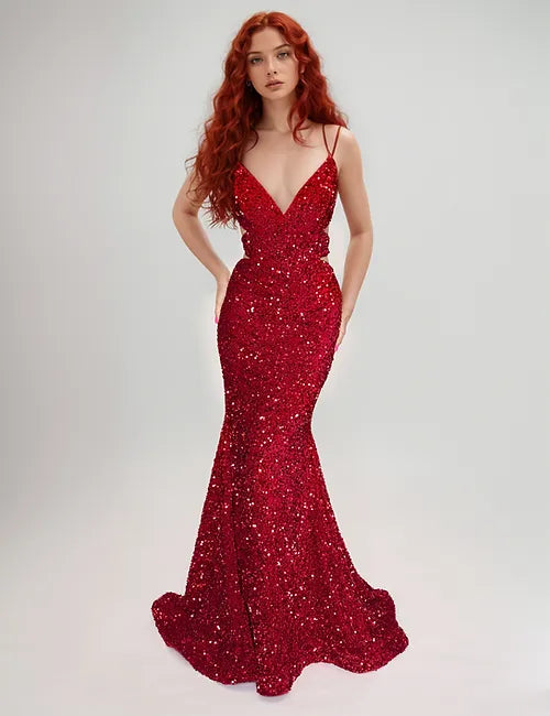 Nina Canacci 1579 Size 10 Red Long Sequin Mermaid Prom Dress Cut Out Corset V Neckline