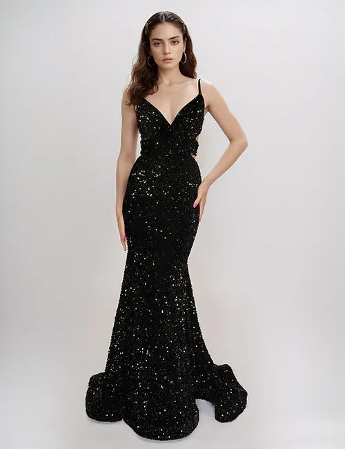 Nina Canacci 1579 Size 4,10 Black Long Sequin Mermaid Prom Dress Cut Out Corset V Neckline