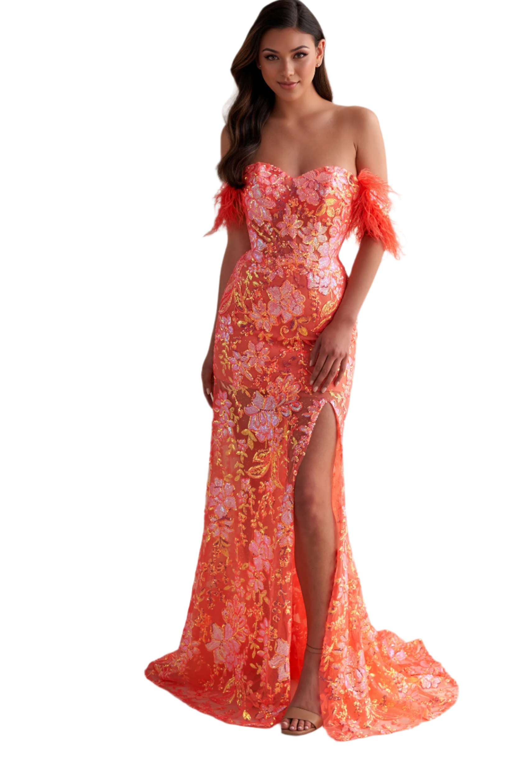 The Ellie Wilde EW34034 is a glamorous formal gown featuring an off-the-shoulder neckline, corset bodice, and a full-length sheer sequin skirt with a side slit. Festooned with a beautiful feather trim, this dress is sure to make a statement.

Sizes: 00-16

Colors:&nbsp;ORANGE, ROYAL BLUE, LILAC, HOT PINK, SAPPHIRE, SKY BLUE, EMERALD, PURPLE RAIN, Dusk, Lavender Dream, Black, Ivory, Coral