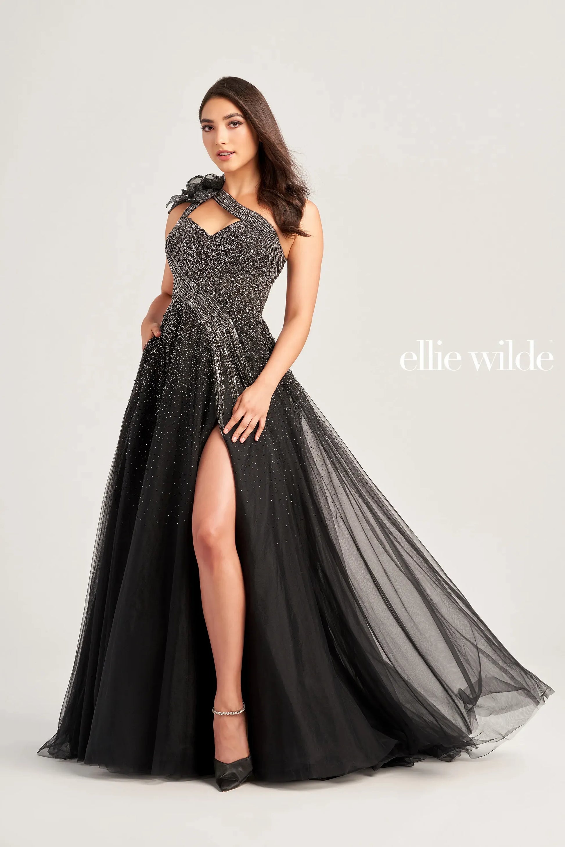 Ellie Wilde EW35086 One Shoulder Beaded Ballgown Formal Dress Maxi Slit  Floral Bow Gown