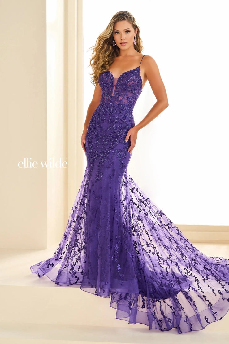 Experience elegance and grace in our Ellie Wilde EW36008 Long Lace Mermaid Corset Prom Dress. Made with delicate lace and a figure-flattering mermaid silhouette, this dress exudes sophistication. The corset-style back and V-neckline add a touch of glamour, while the train adds a dramatic flourish. Perfect for any formal evening event, make a statement in this stunning gown.

Sizes: 00-2

Colors: Black, Candy Pink, Emerald, Light Blue, Light Yellow, Purple, Royal Blue, Sage, Strawberry