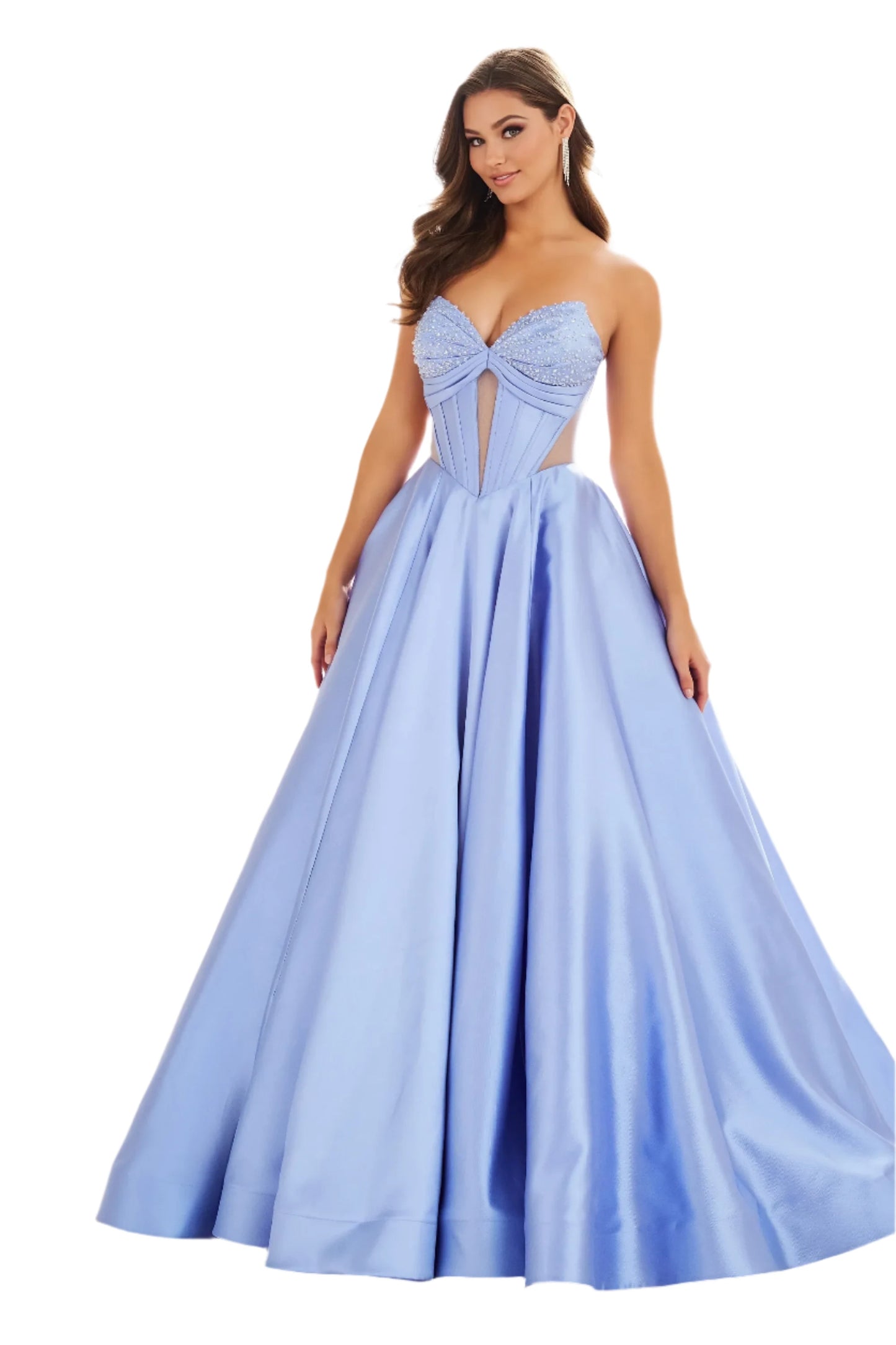 This Ellie Wilde EW36025 prom dress features a stunning A-line silhouette with sheer ballgown detailing and a corset back for a perfect fit. The dress also includes convenient pockets and cut-out design, making it both fashionable and functional for any pageant or formal event.