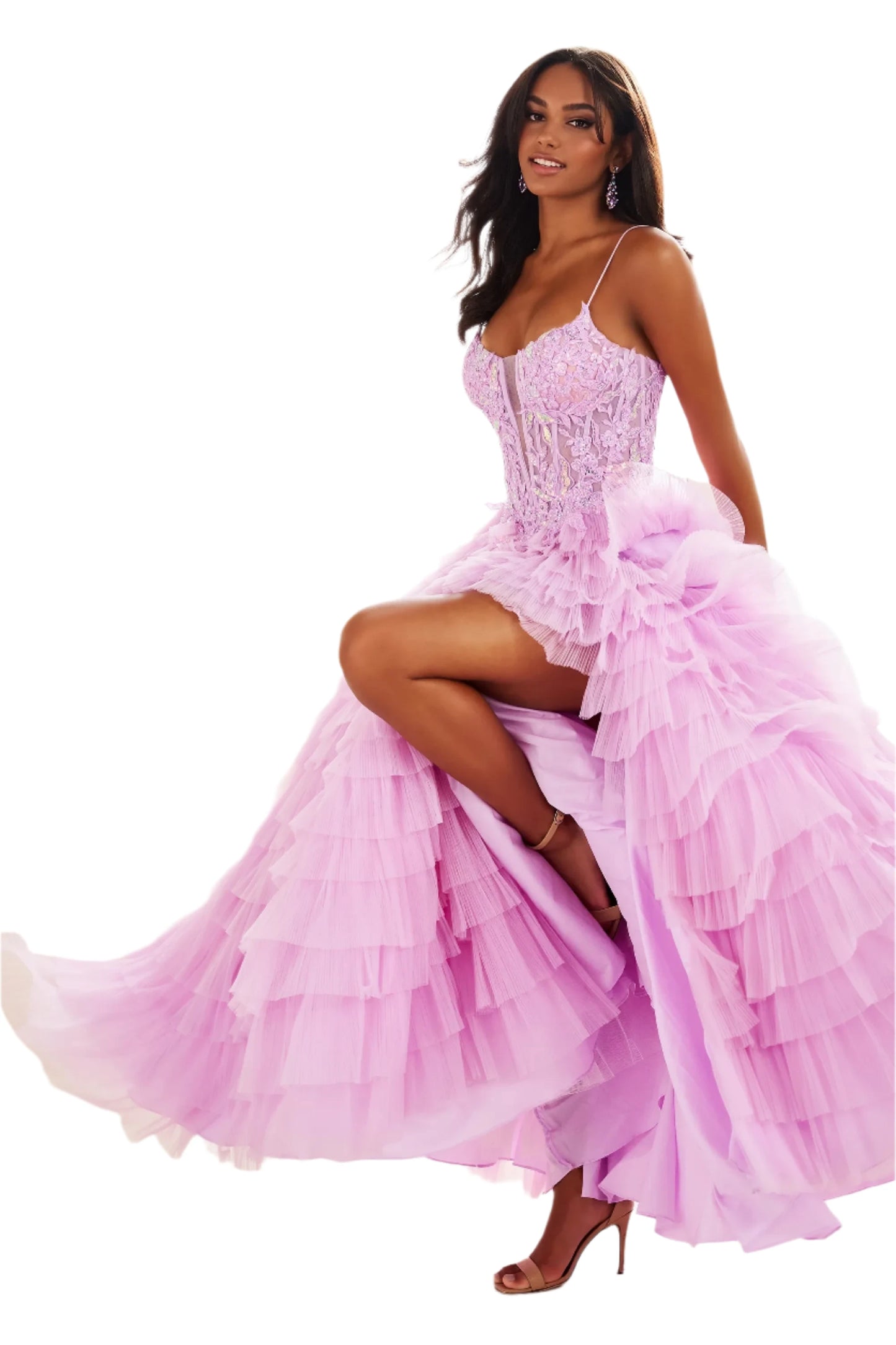 Elevate your prom look with the Ellie Wilde EW36086 Long Sheer Sequin Lace Corset Dress. This stunning A-line gown features a sheer sequin lace corset With a layered design and daring front slit, this ball gown will make you feel like a true princess on your special night