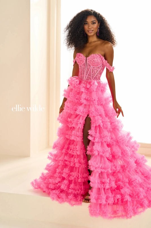 Ellie Wilde EW36201 Size 2  Barbie Pink Long Ruffle A Line Sheer Corset Prom Dress Lace Shimmer off the shoulder