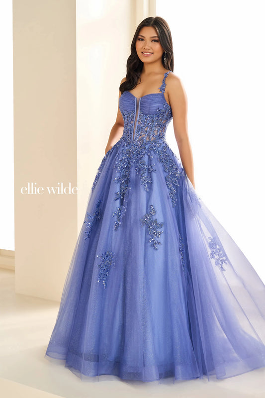 Unleash your inner glamour with the Ellie Wilde EW36202 Prom Dress. Made with shimmering sequin lace and a sheer corset, this dress is designed to make you stand out. The elegant ball gown silhouette and formal design will ensure you feel confident and sophisticated for any formal occasion.