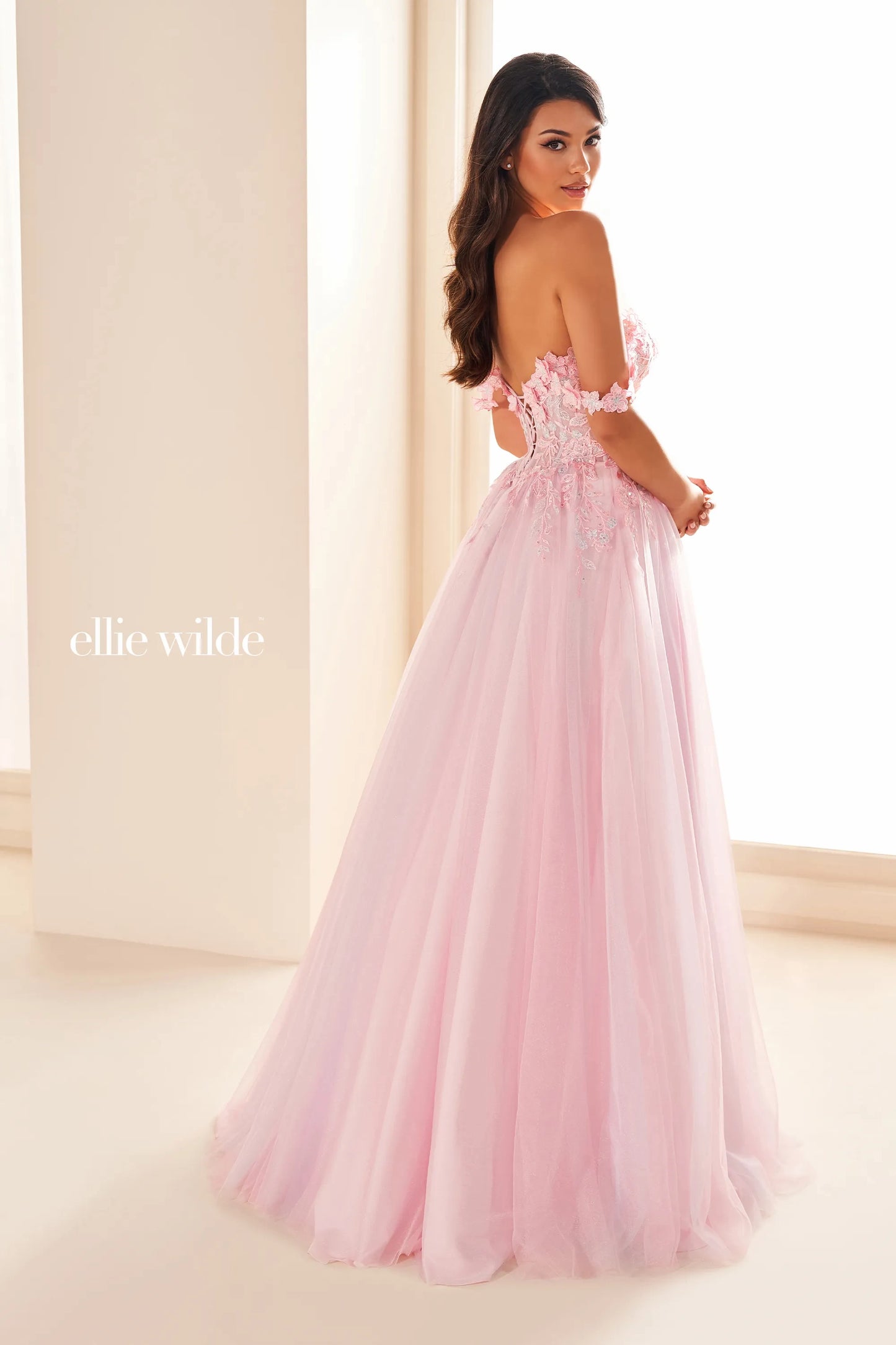 Ellie Wilde EW36214 Size 4 Lilac Long Maxi Slit Prom Dress Sheer Laced Corset off the shoulder Formal Gown