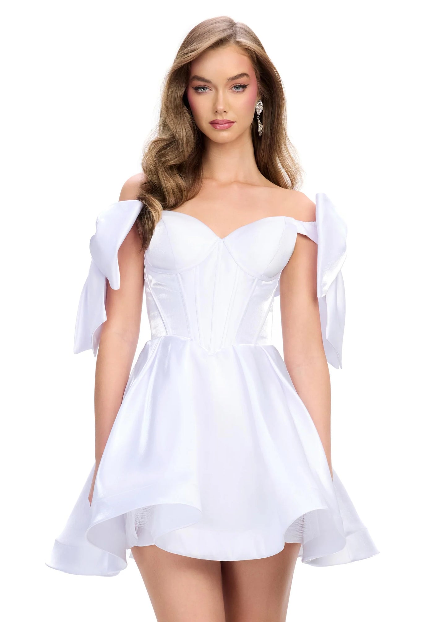 Turn heads in the playful and flirty Ashley Lauren 4788 cocktail dress. The unique corset bodice, off-the-shoulder design, and bow straps add a touch of fun to this A-line dress. Perfect for any special occasion, the short skirt will have you dancing the night away (and looking fabulous!