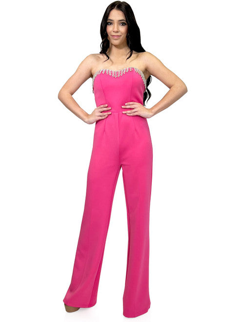 Marc Defang 8180 Size 2, 12 Hot Pink Long Scuba Strapless Jumpsuit