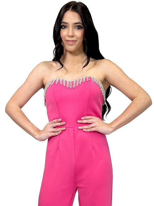 Marc Defang 8180 Size 2, 12 Hot Pink Long Scuba Strapless Jumpsuit Crystal  Fringe Tassel Pageant Neon