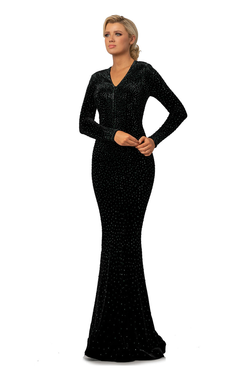 Johnathan Kayne 2045 Crystal Velvet Evening Gown Long Sleeve Prom Dress ...