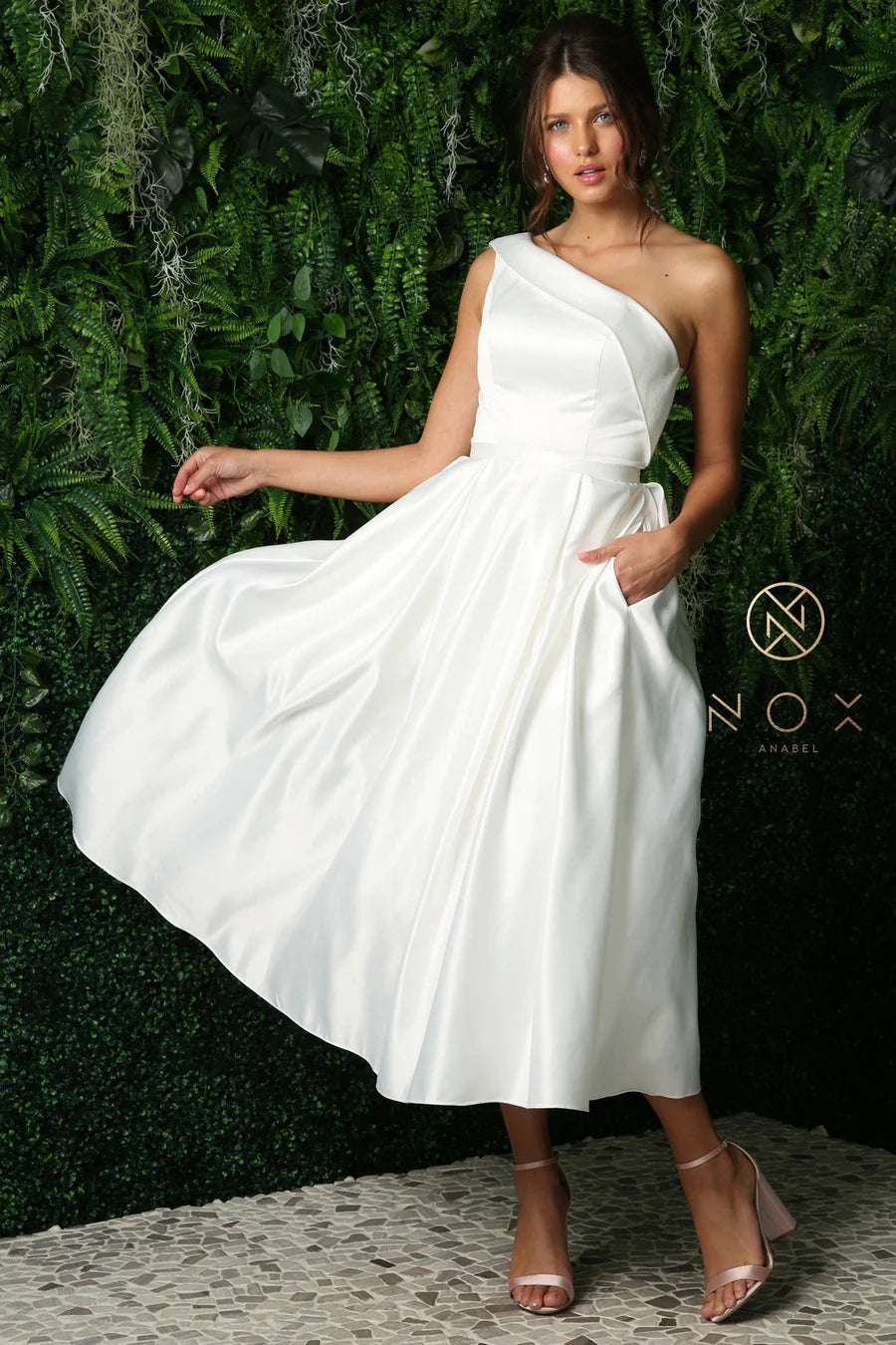 Nox Anabel JE931W White Wedding Shoulder A Glass line Dress Formal – Formals Slipper short One