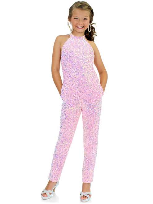 Marc Defang 5022 Size 6 Hot Pink Girls Velvet Sequin Pageant Jumpsuit Glass Slipper Formals