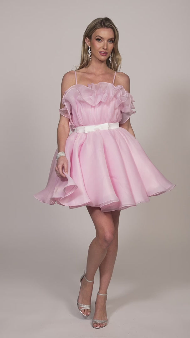 This Dave &amp; Johnny 11730 dress features a cupcake-style ruffle skirt, a flattering babydoll silhouette, and a playful ribbon accent. Perfect for homecoming or any other special occasion, this cocktail dress will make you stand out with its unique design. The ruffled skirt adds a fun and youthful touch, while the babydoll silhouette flatters your figure. The ribbon detail adds a touch of elegance, making this dress a versatile option for any event.