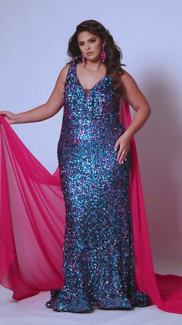 Sydneys Closet JK2407 Long Fitted Plus Size Sequin Cape Pageant