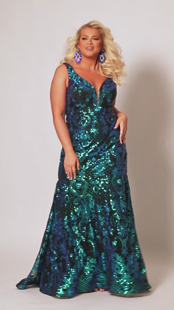 Sydneys Closet SC7368 Long Prom Dress Mermaid Plus Size Sequin V Neck Train  Formal Gown