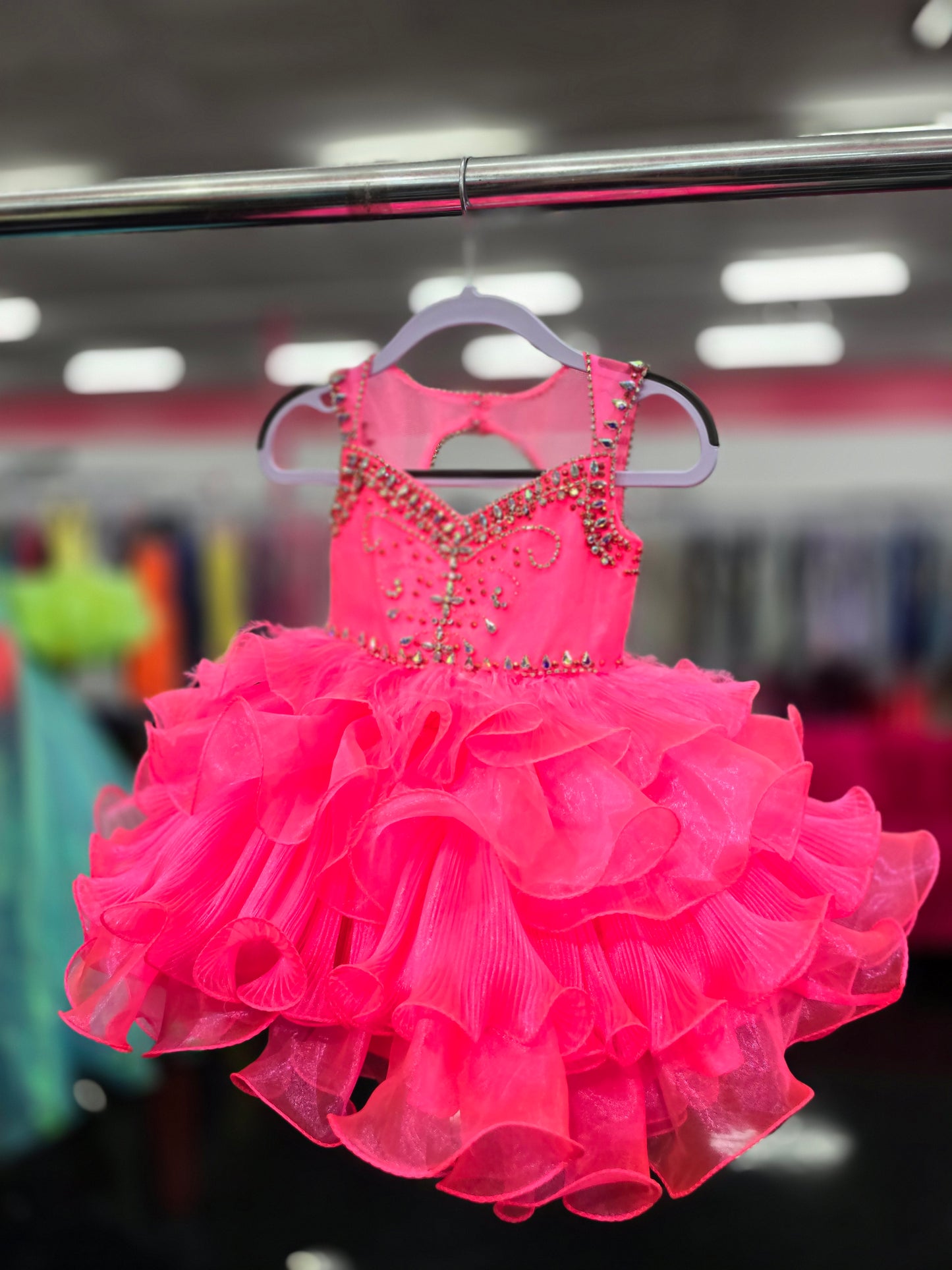 Sugar Kayne C202 Size 2T Neon Pink Girls Pleated Feather Cupcake Pageant Dress Toddle Baby Gown