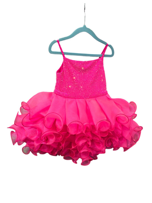 Marc Defang 5144 Size 2T Neon Pink Short Crystal Cupcake Pageant Dress Layered Ruffle Girls Baby Kids Gown