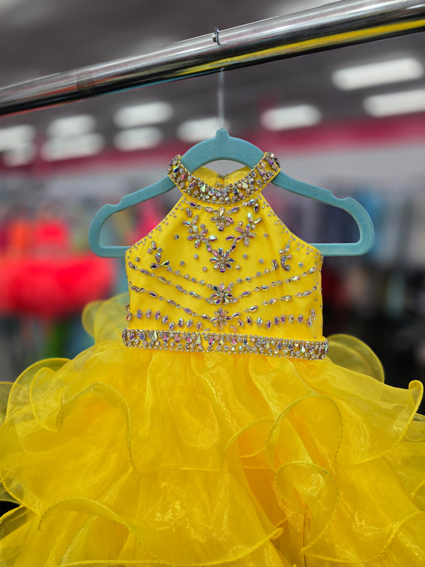 Sugar Kayne C200 Size 18M Yellow Short Ruffle Girls High Neck Cupcake Corset Pageant Dress Rhinestone