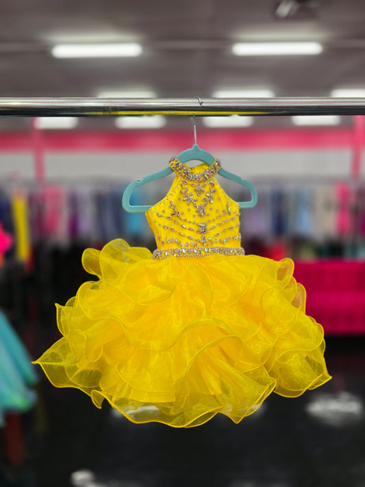 Sugar Kayne C200 Size 18M Yellow Short Ruffle Girls High Neck Cupcake Corset Pageant Dress Rhinestone