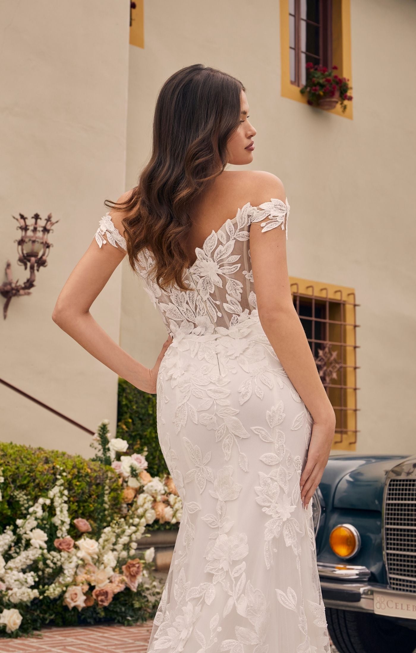 Casablanca Bridal 2541 Augustine A-Line Off The Shoulder 3D Floral  Appliques Sheer Corset Train Slit Wedding Gown