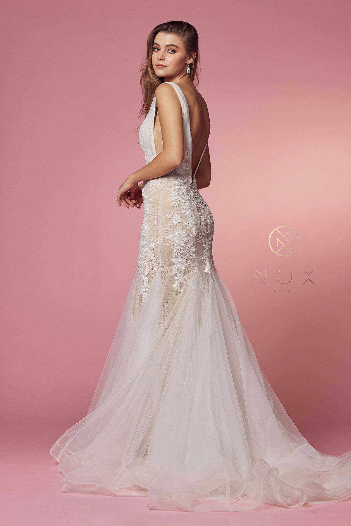 Nox Anabel JE917 Size 14 3D Floral Lace Mermaid Wedding Dress Bridal Gown  Boho Train