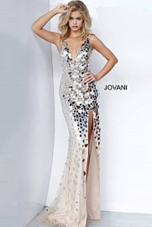Jovani 02479 Long Cut Glass V Neck Slit Prom Dress Evening Pageant Gown