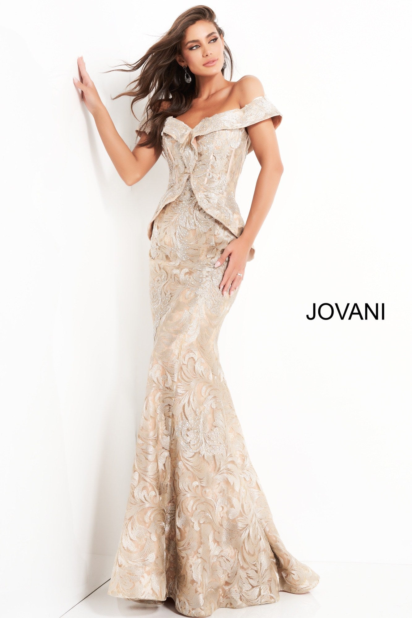 Jovani 02762 Gold Embellished Off The Shoulder Mother of The Bride Dress Peplum 16 Gold Glass Slipper Formals