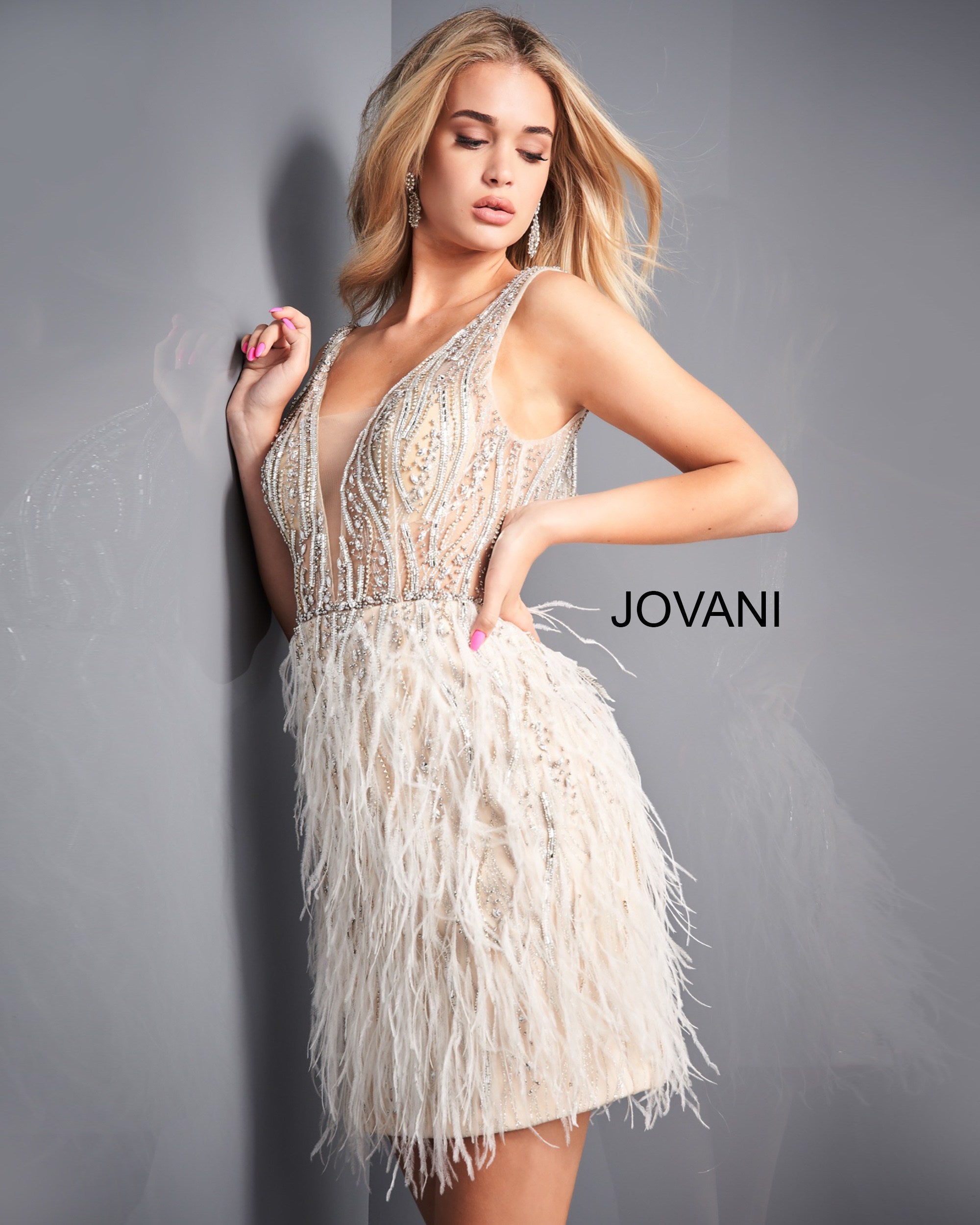 Jovani 04619 Short Fitted Sheer Feather Cocktail Dress Plunging