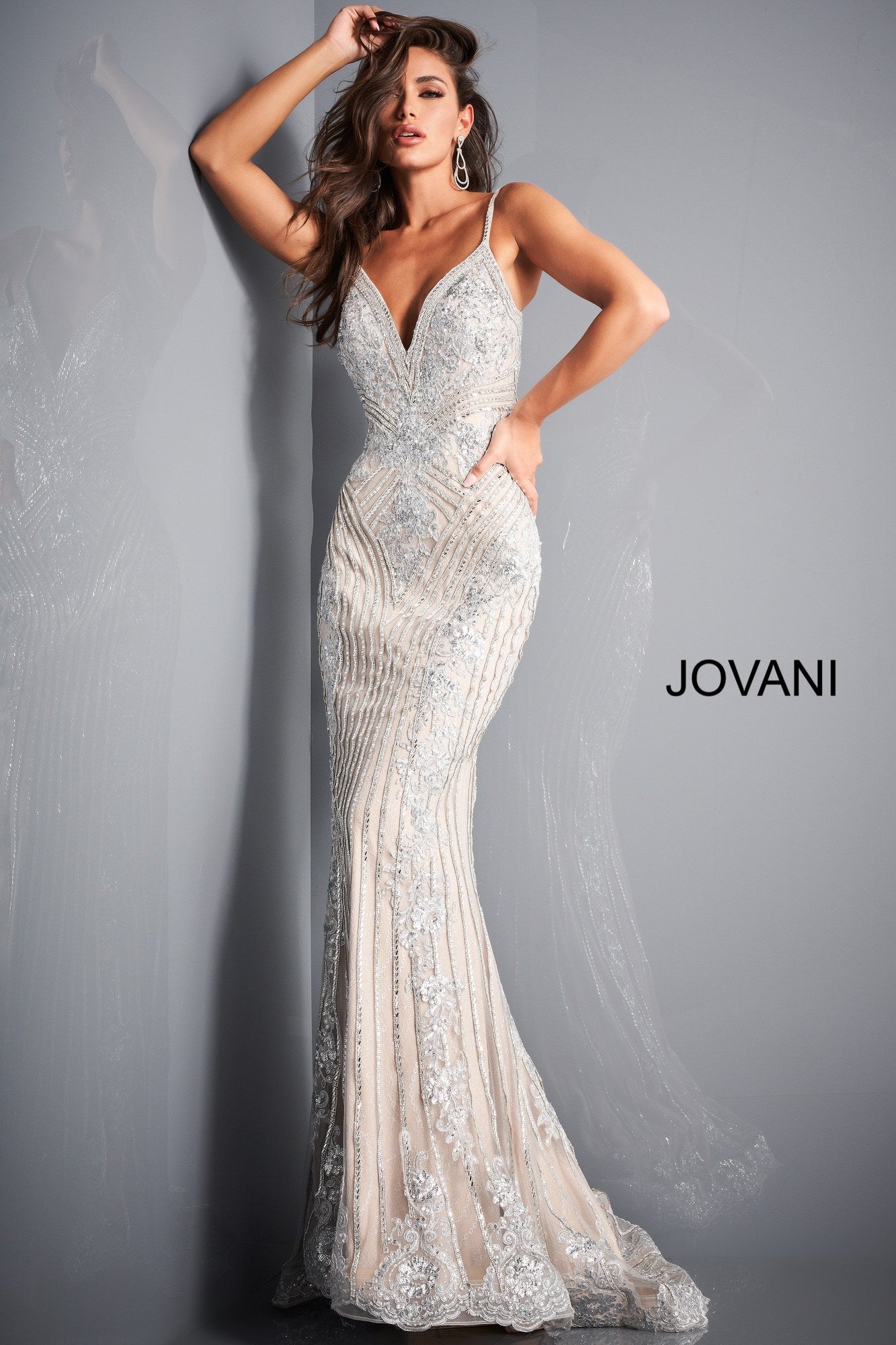 Jovani 05752 long embellished prom dress pageant gown v neckline lace  spaghetti straps