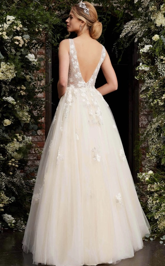 Jovani Bridal 06286 Long A Line Sheer Embellished Formal Dress Lace V Neck  Ball Gown
