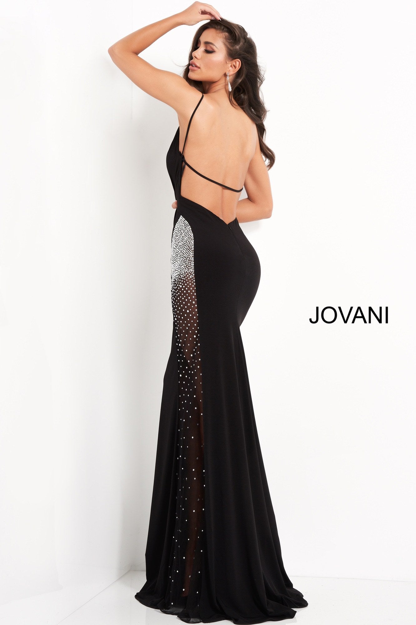 Jovani 06566 Long Fitted V Neck Formal Dress Sheer Crystal