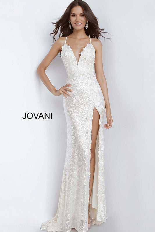 Jovani 1012 is a Delicate all over sequin Embellished Prom Dress with Floral Appliques. Features a plunging neckline & Slit in the skirt. Small Train in Back.   Details: Sequin fabric, floral appliques, fitted silhouette, high slit skirt with sweeping train, sleeveless bodice, plunging neckline with sheer mesh insert, low back with strap across for support, spaghetti straps over shoulders.