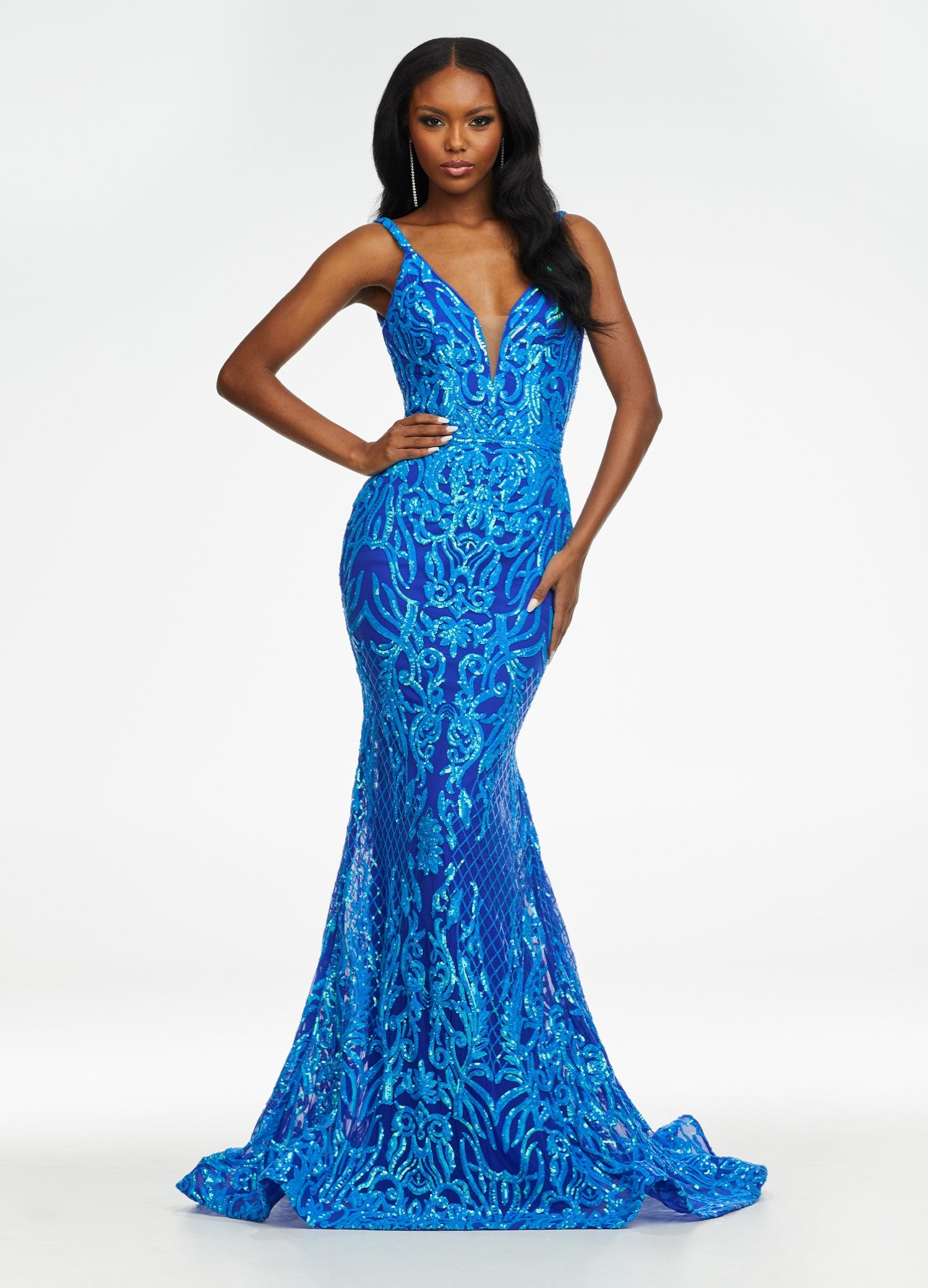 Ashley Lauren 11342 Long Prom Sequin Spaghetti Strap Prom Dress with Lace Up Back Formal Pageant 14 / Gold