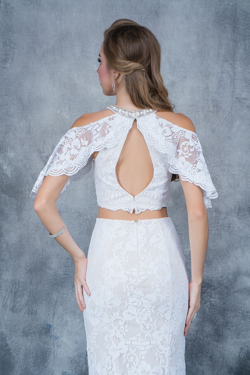 Nina Canacci 1364 cold shoulder two piece lace prom dress in White Glass Slipper Formals