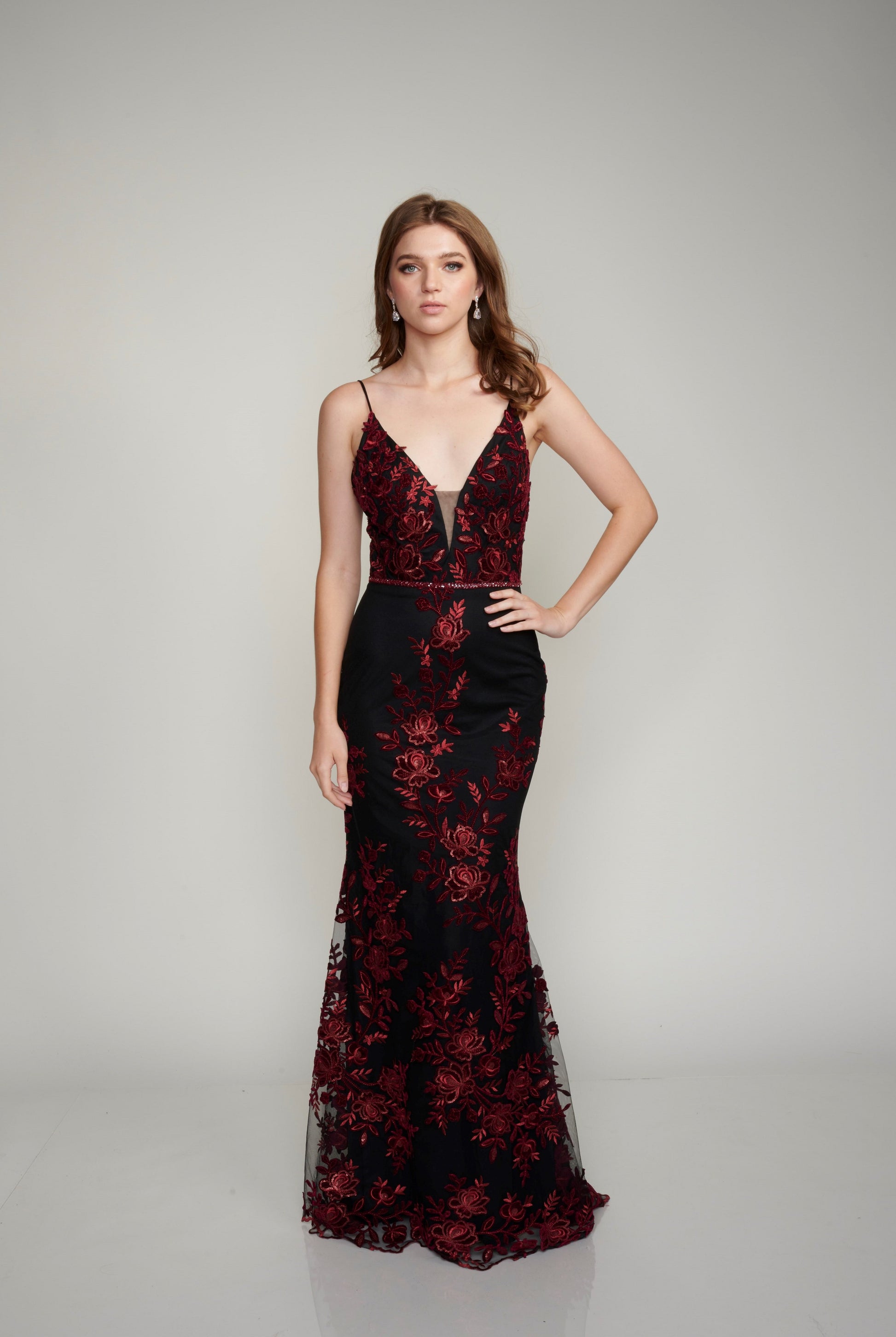 Nina Canacci 2240 Black Burgundy Prom Dress Evening Gown Floral Lace S –  Glass Slipper Formals