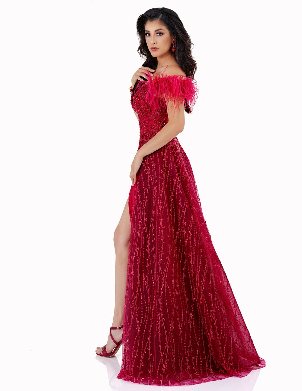 Cecilia Couture 2530 size 4 Red Feather Off Shoulder Overskirt Beaded Slit  Prom Dress Pageant Gown