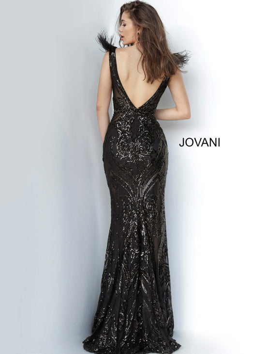 Jovani 3180 Sequin Long Prom Dress Plunging Neckline Feathers Sheer bo ...