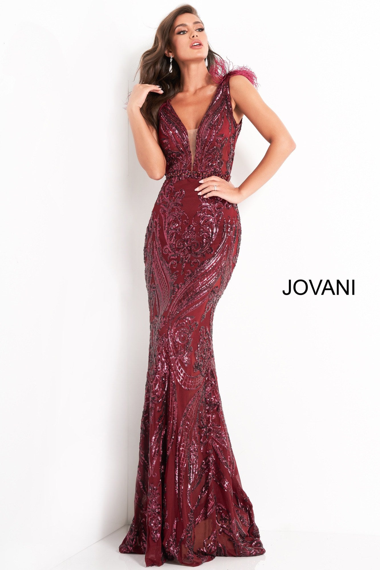 Jovani 3180 Sequin Long Prom Dress Plunging Neckline Feathers Sheer bo ...