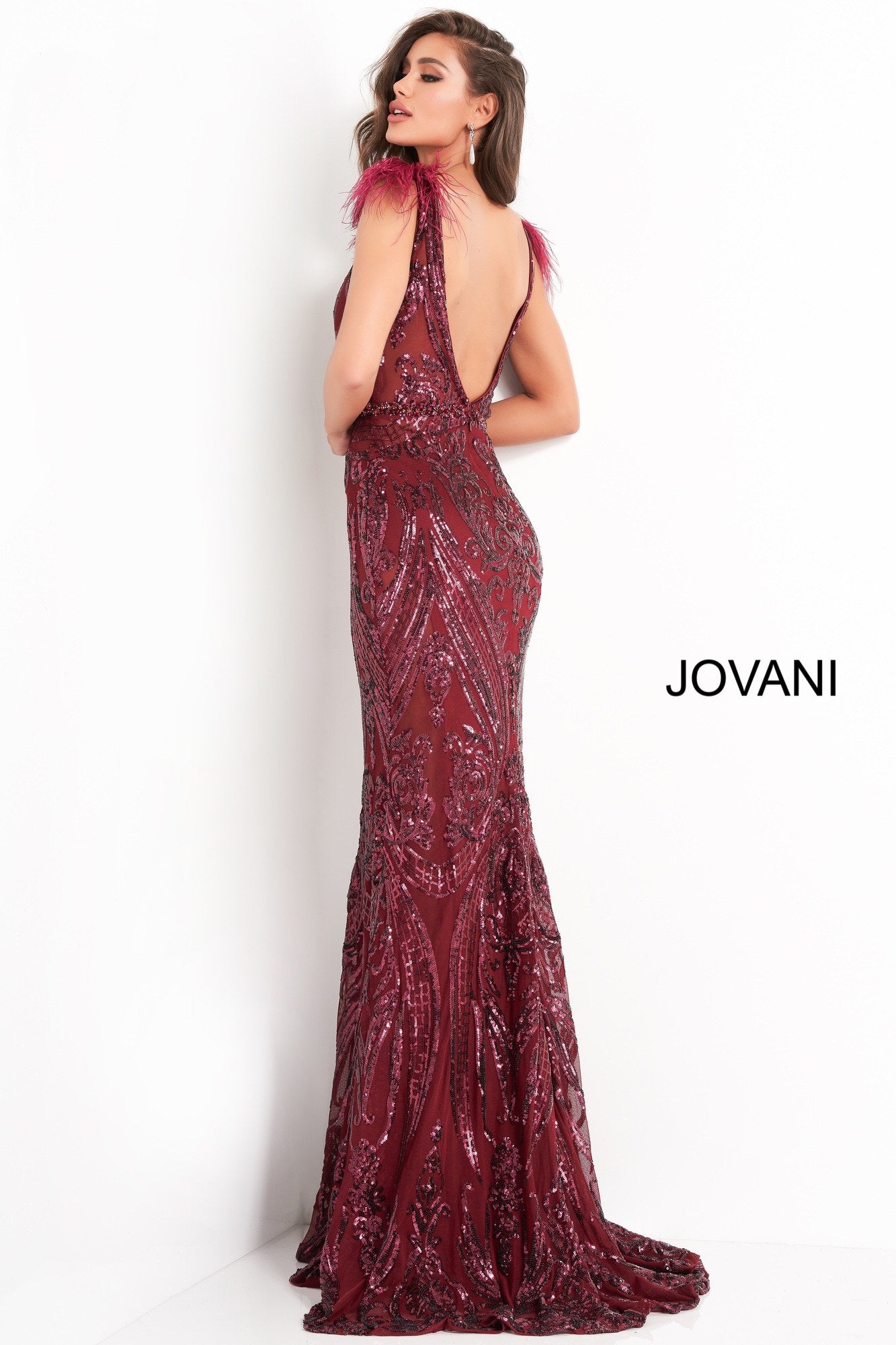 Jovani 3180 Sequin Long Prom Dress Plunging Neckline Feathers Sheer bo ...