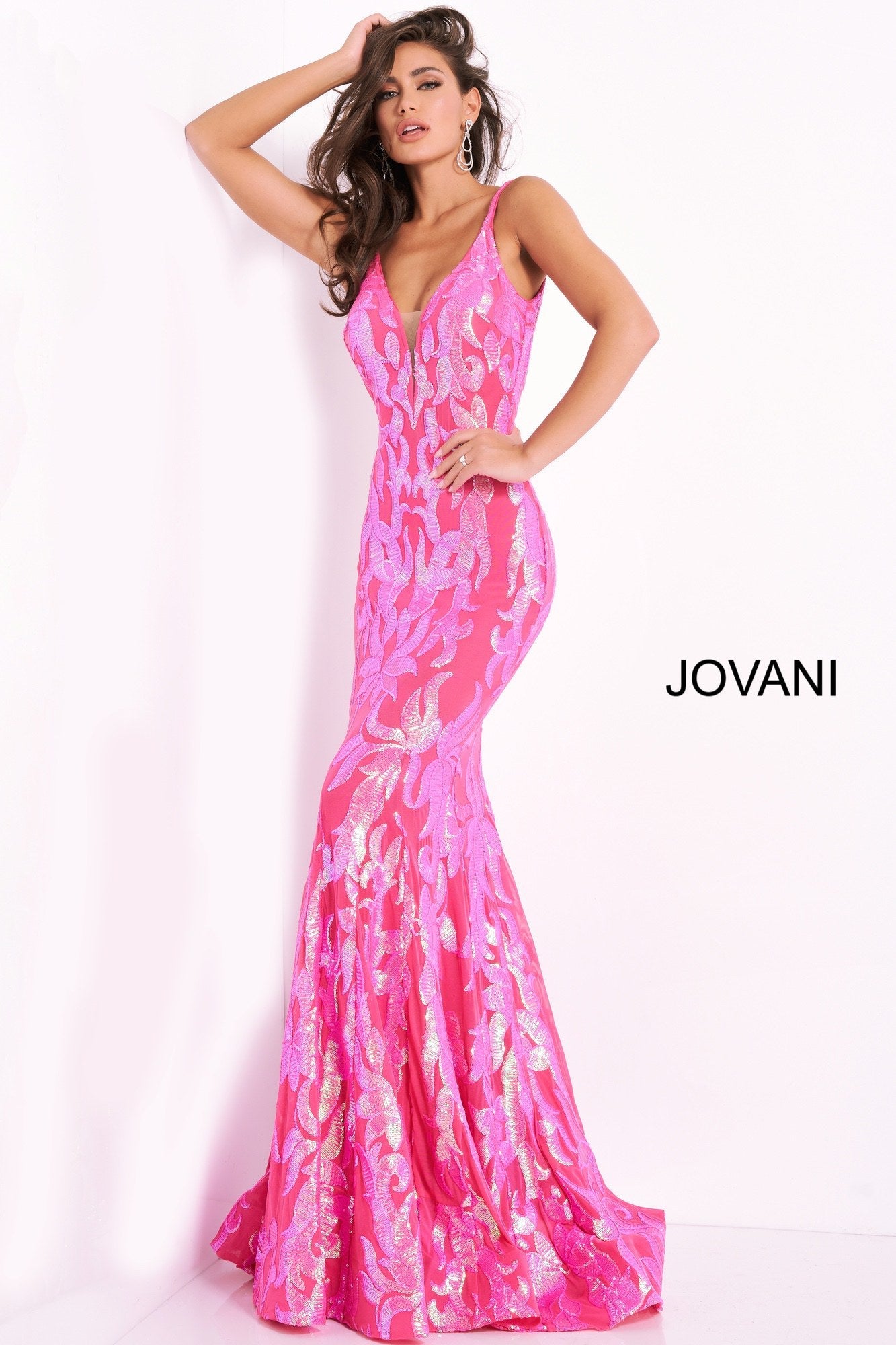 Jovani 3263 Size 2 Hot Pink Prom Dress Long Fitted Mermaid Sequin Pageant Gown V Back