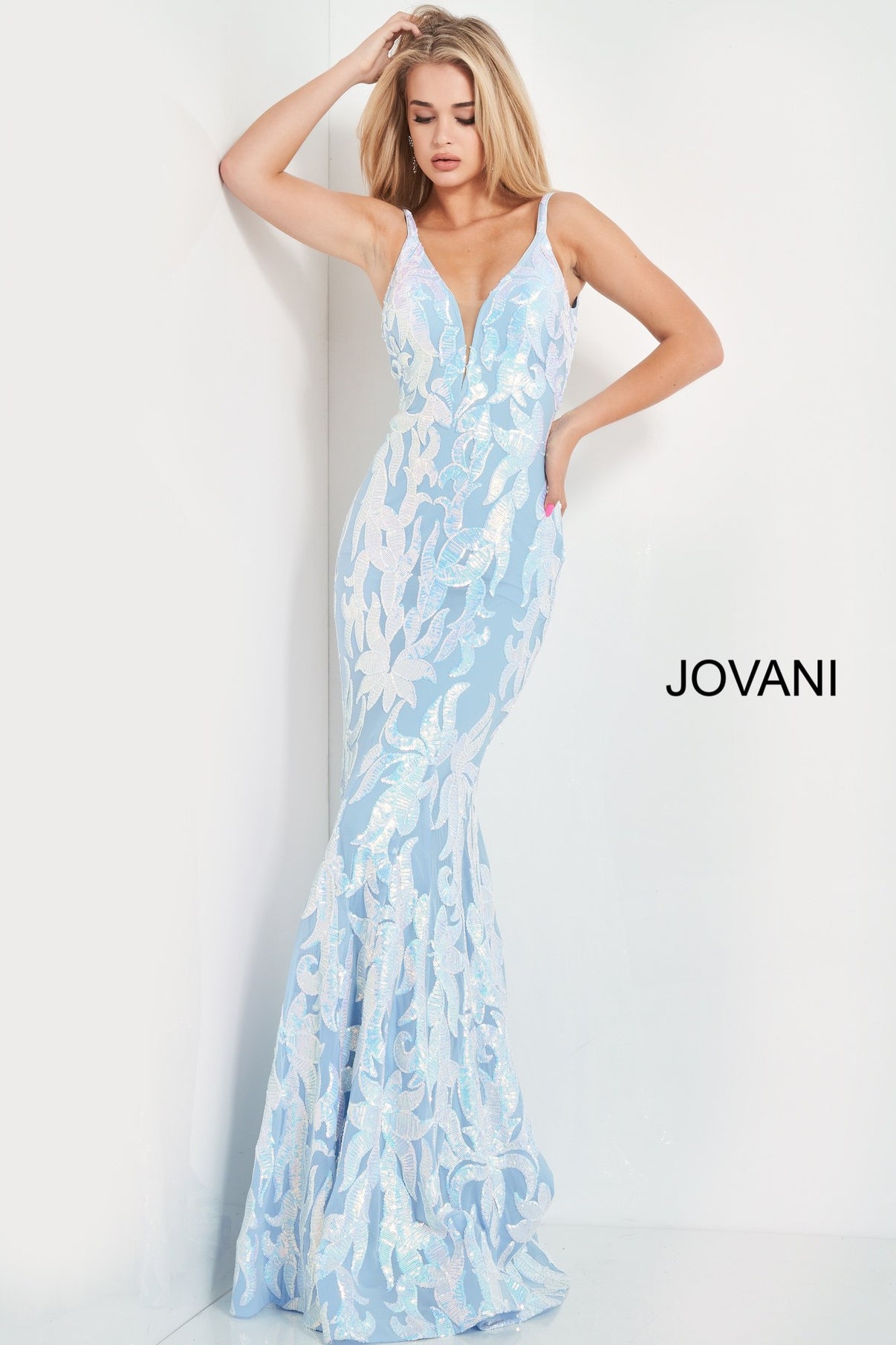 Jovani 3263 Prom Dress Long Fitted Mermaid Sequin Pageant Gown V Back ...