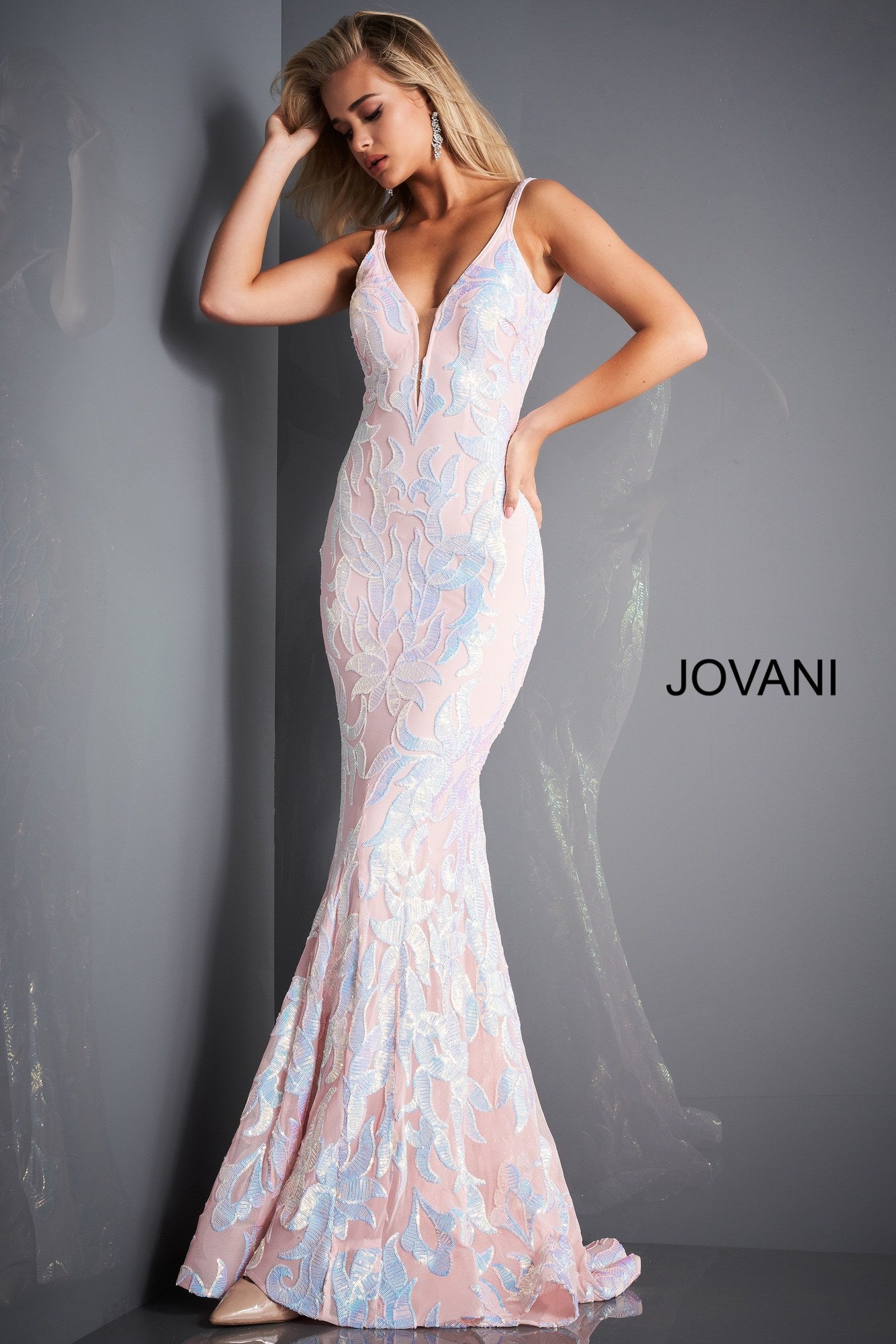 Jovani 3263 Prom Dress Long Fitted Mermaid Sequin Pageant Gown V Back