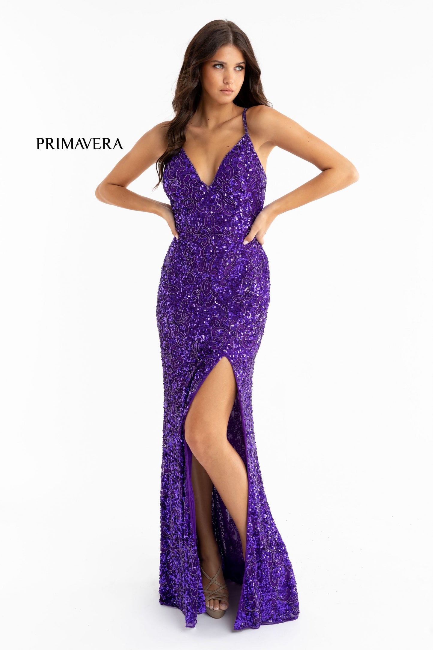 Primavera Couture 3295 Exclusive  Prom Dress, Formal Evening Gown.  This exclusive prom dress is designed with sequins throughout.  I has a V neckline with beaded spaghetti straps that crisscross in the open back.  It is long with a left side slit.  Available Colors:  FUSHIA,CREAM,EMERALD,IVORY,PEACOCK,BLACK,MIDNIGHT,NEON LILAC,NEON PINK,FORREST GREEN,PURPLE,TURQUOISE,CORAL,BLUE,RED,LIGHT BLUE,NEON SAGE